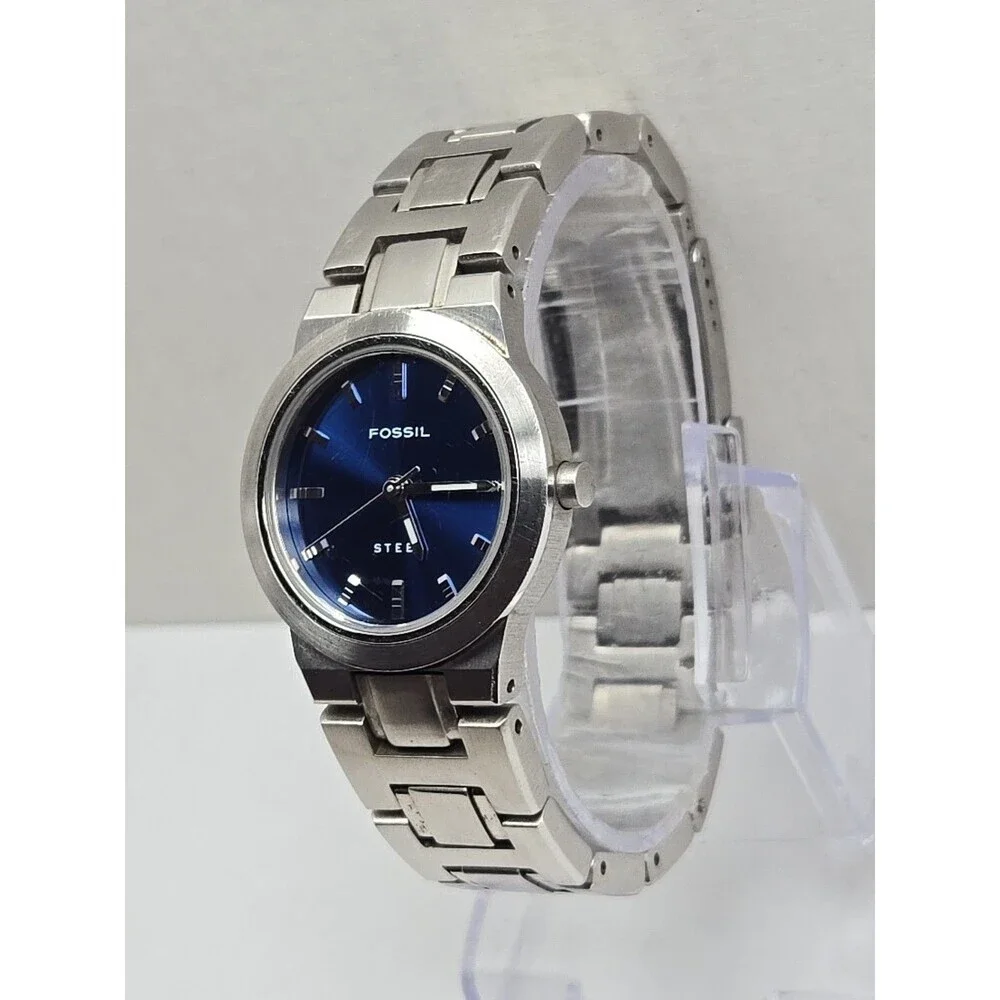 Fossil Steel FS2703 Womens Blue Dial Stainless Quartz Watch New Battery 50M WR